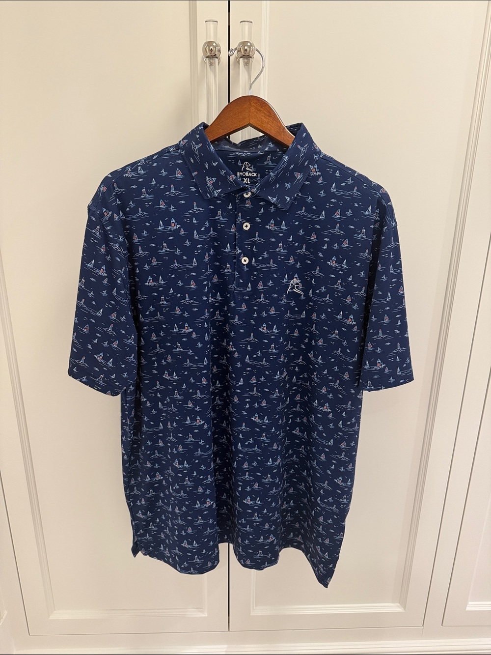 Rhoback Men’s Navy Sailboat-Print Performance Polo, XL